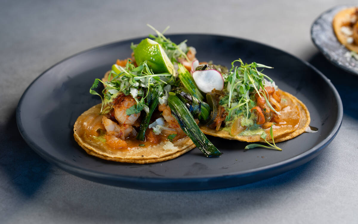 Shrimp tacos from Patio, a poolside dining experience debuting April 4, 2025, at the M Resort i ...