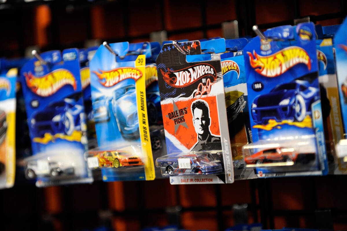 Some of the many Hot Wheels toy cars on display at the Toy Shack at the Neonopolis on Fremont S ...