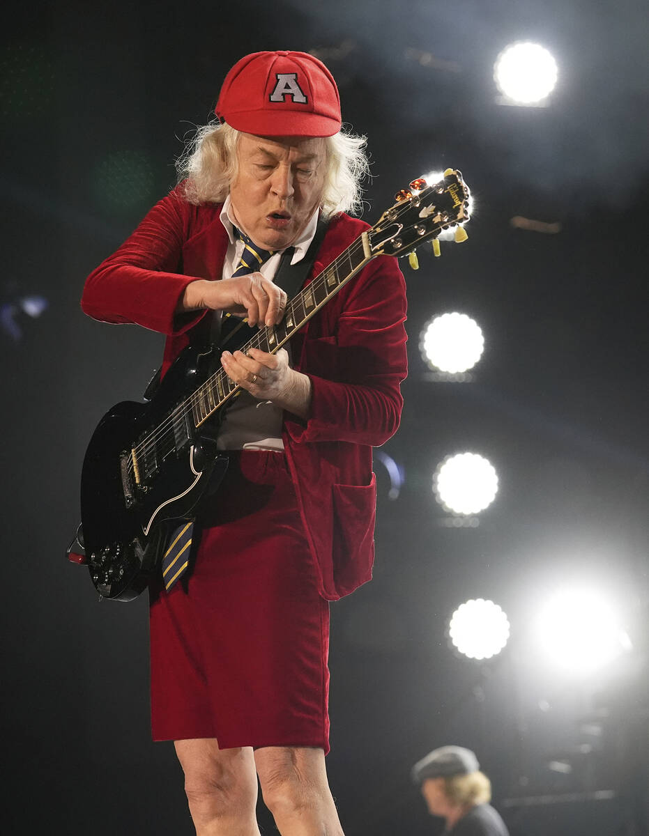 Angus Young of AC/DC performs on Friday, April 18, 2025, at Rose Bowl Stadium in Pasadena, Cali ...