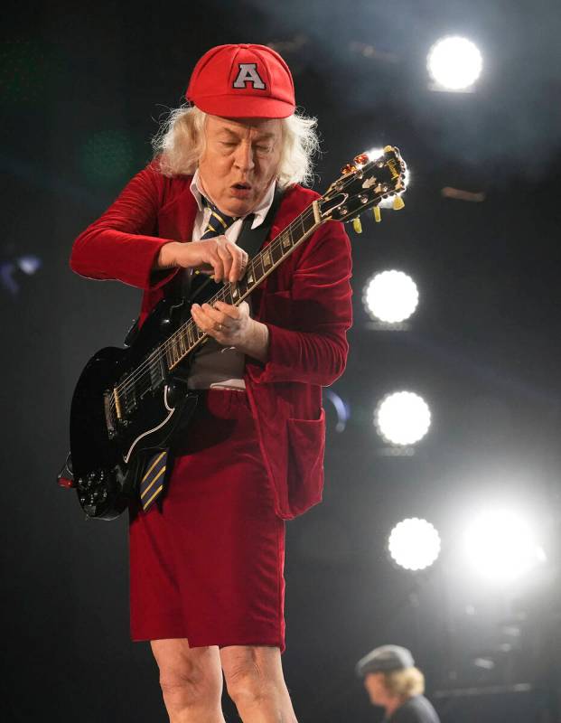 Angus Young of AC/DC performs on Friday, April 18, 2025, at Rose Bowl Stadium in Pasadena, Cali ...