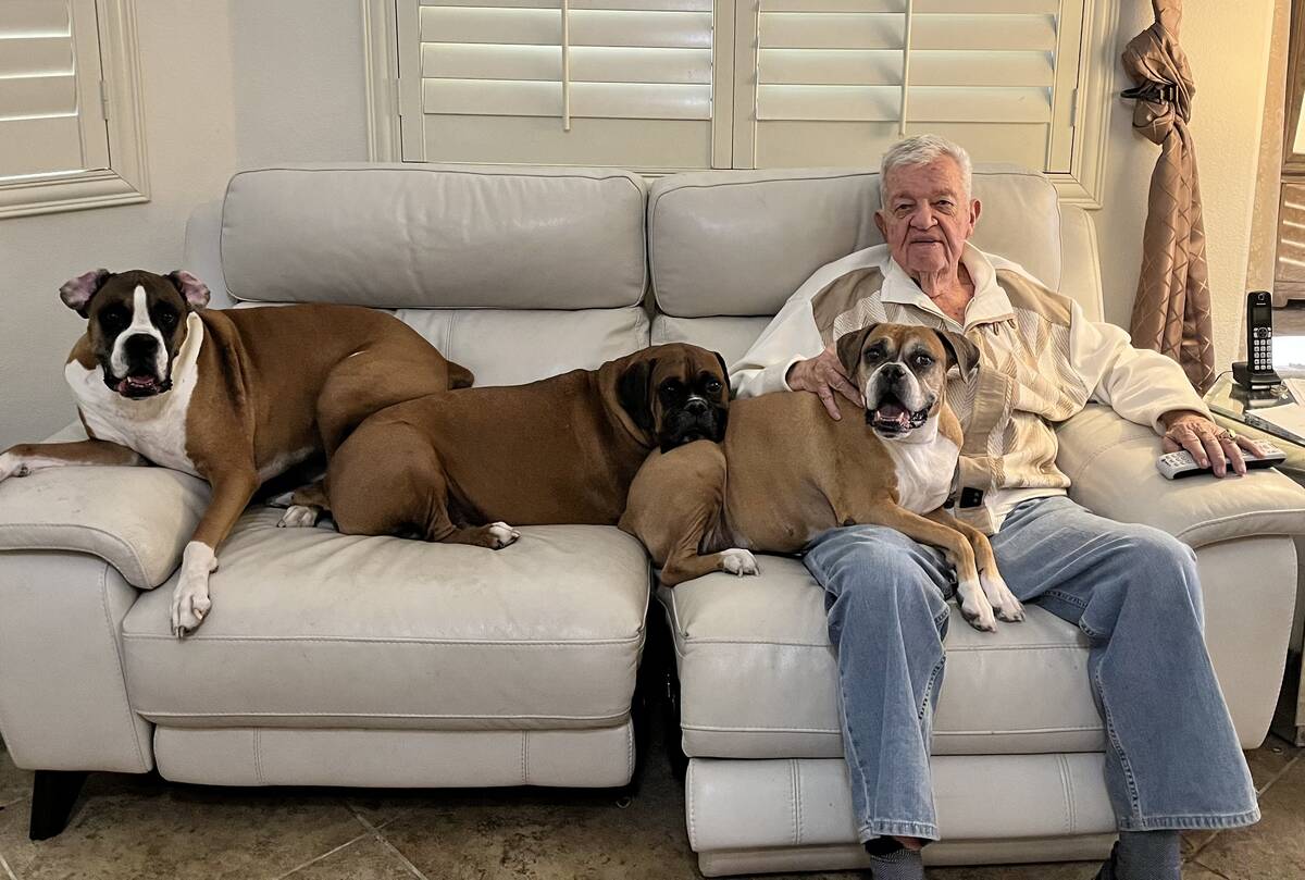 Gene Kilroy is shown at his Las Vegas home with his dogs Frank, Jesse and Mama’s Little G ...