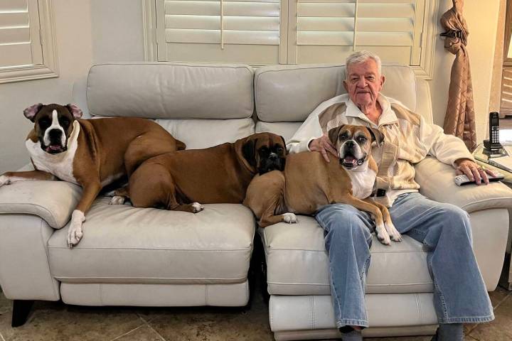 Gene Kilroy is shown at his Las Vegas home with his dogs Frank, Jesse and Mama’s Little G ...