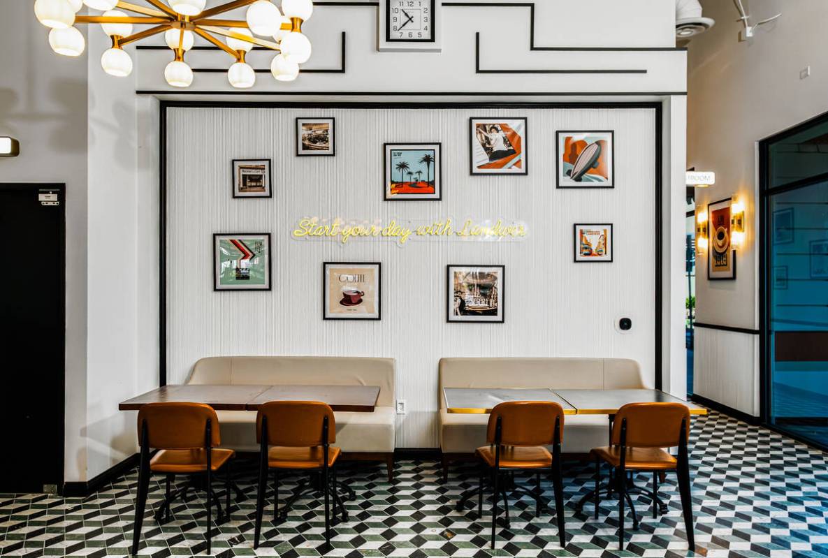 The dining room at Cafe Landwer, the new Israeli and Mediterranean restaurant as of spring 2025 ...