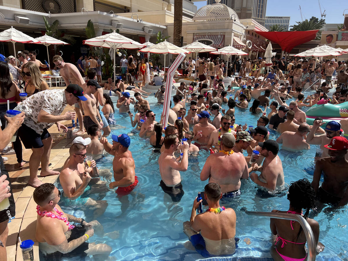 People soak up the sun during Gronk Beach party at Encore Beach Club on the Strip on Day 2 of t ...