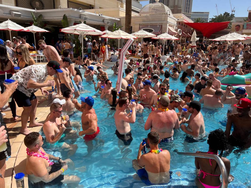 People soak up the sun during Gronk Beach party at Encore Beach Club on the Strip on Day 2 of t ...