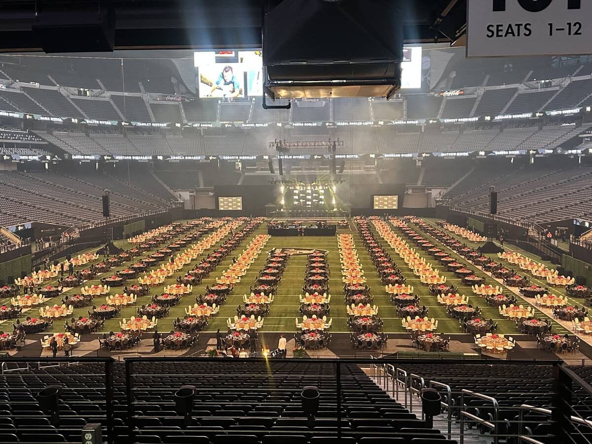 The floor layout of Wynn Las Vegas’ 20th anniversary celebration at Allegiant Stadium is ...