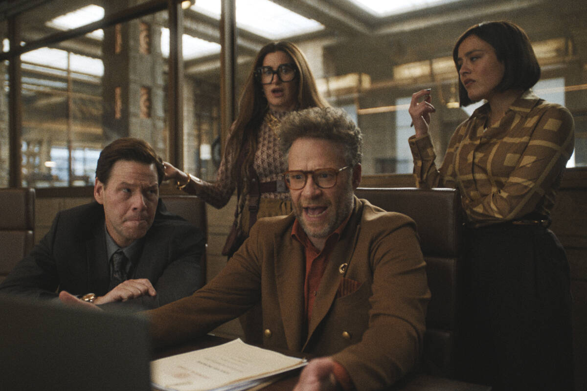 This image released by Apple TV+ shows, from left, Ike Barinholtz, Kathryn Hahn, Seth Rogen and ...