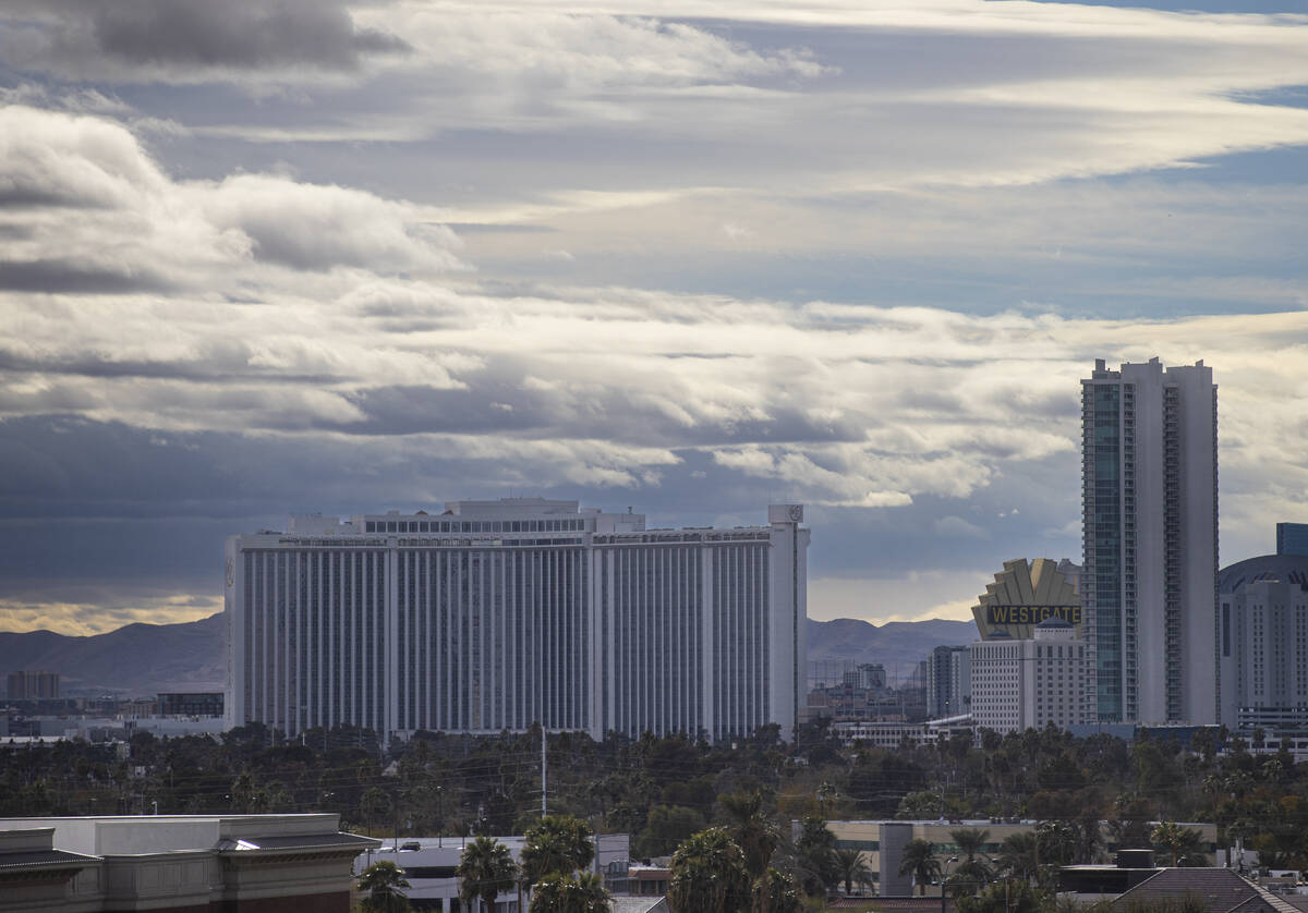 Clouds hang above the Westgate on Tuesday, Nov. 26, 2024, as seen from downtown Las Vegas. (Cha ...