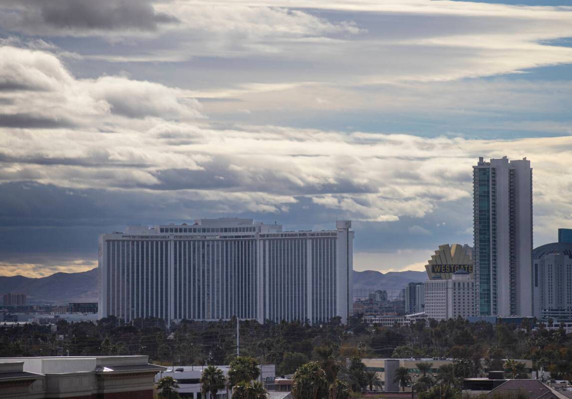 Clouds hang above the Westgate on Tuesday, Nov. 26, 2024, as seen from downtown Las Vegas. (Cha ...