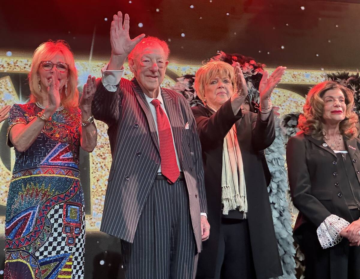 From left, former Las Vegas Mayors Jan Jones Blackhurst, Oscar and Carolyn Goodman, and current ...