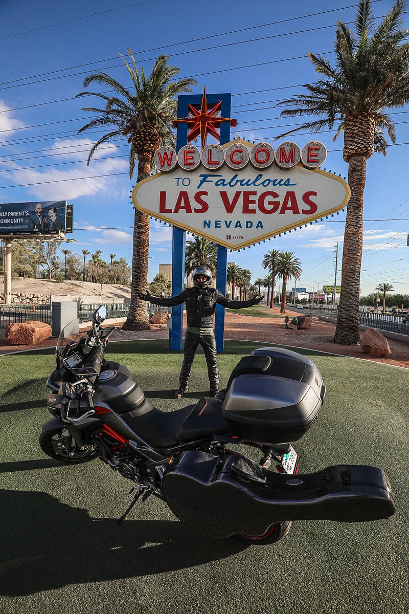 Las Vegas singer/songwriter Franky Perez is shown at the Welcome to Fabulous Las Vegas sign at ...