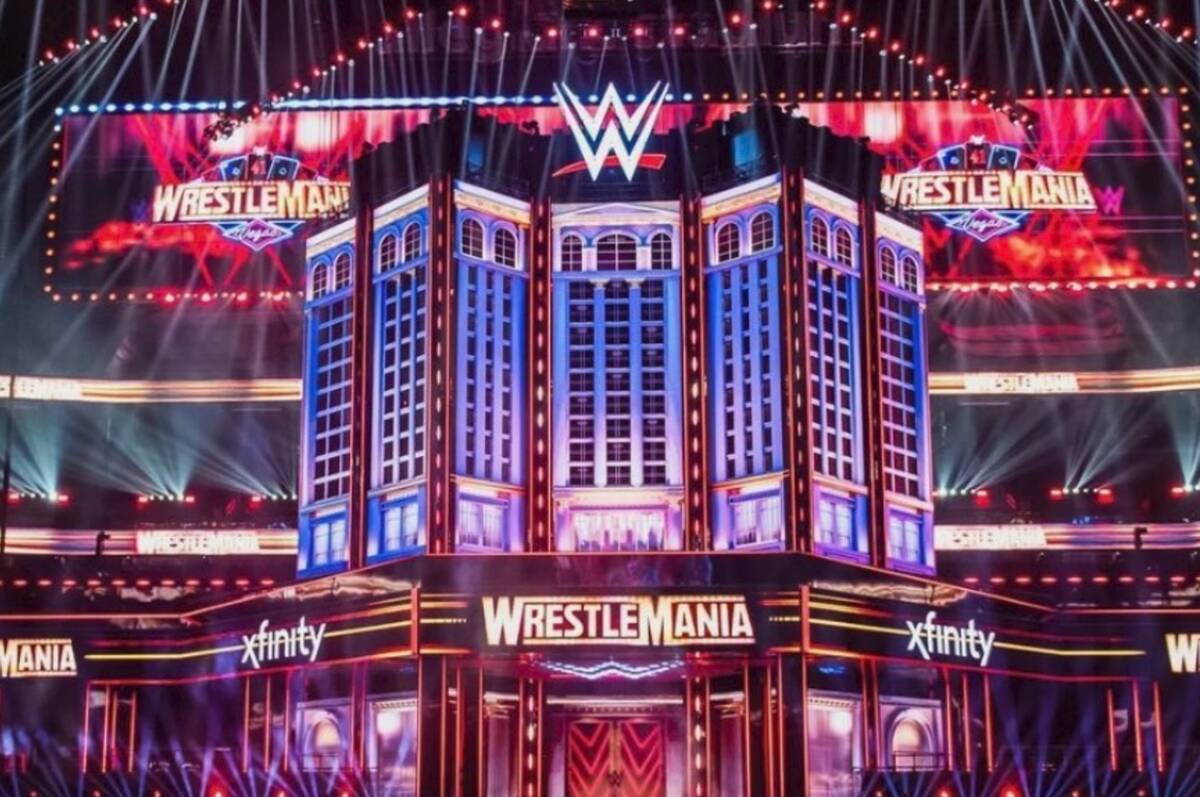 The stage for Wrestemania 41 at Allegiant Stadium. (John Katsilometes/Las Vegas Review-Journal) ...