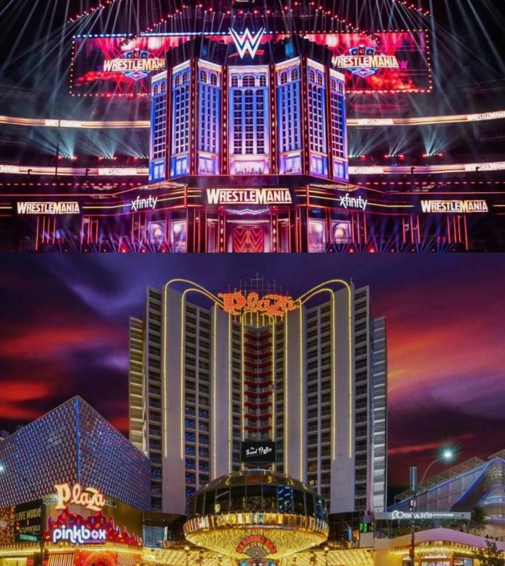The stage for Wrestemania 41 at Allegiant Stadium is shown atop an image of the Plaza hotel-cas ...