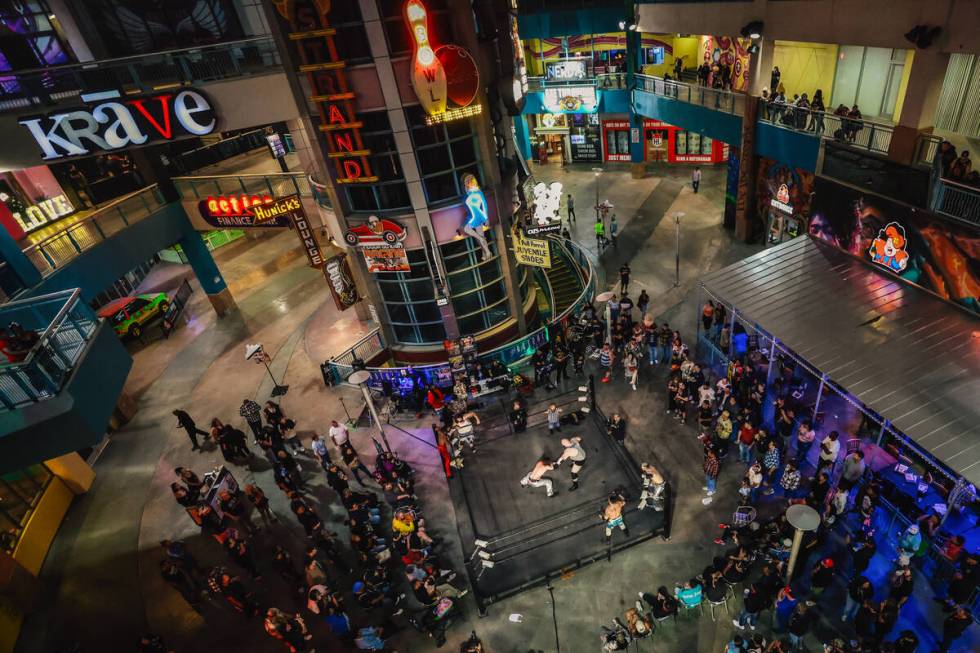 A wrestling match takes place at Neonopolis late at night Thursday, April 17, 2025, in Las Vega ...