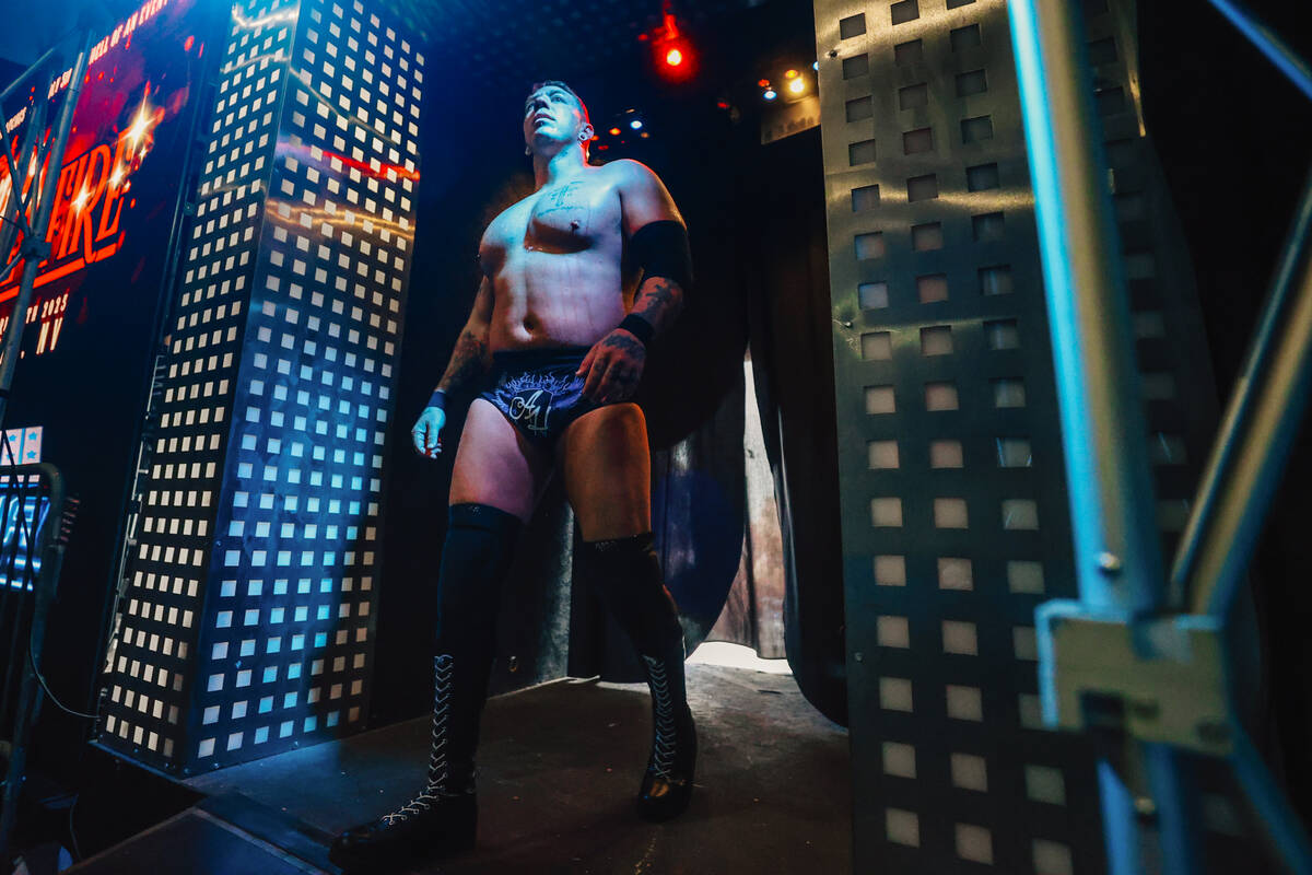 Aaron Harmes enters the arena for his wrestling match at FSW Arena Thursday, April 17, 2025, in ...