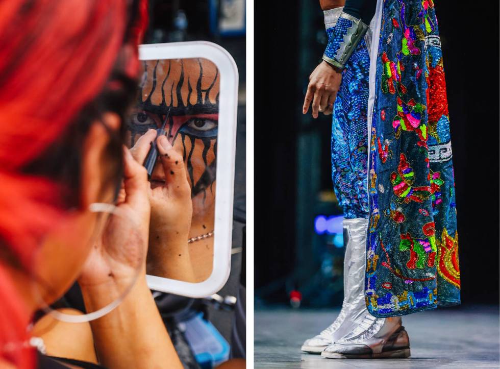 LEFT: A wrestler applies show makeup behind the FSW Arena Thursday, April 17, 2025, in Las Vega ...