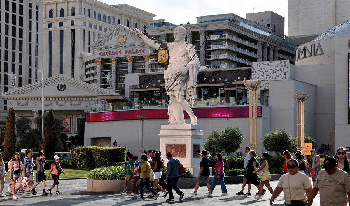 A World Wrestling Entertainment championship belt is seen on the Caesar statue in front of Caes ...