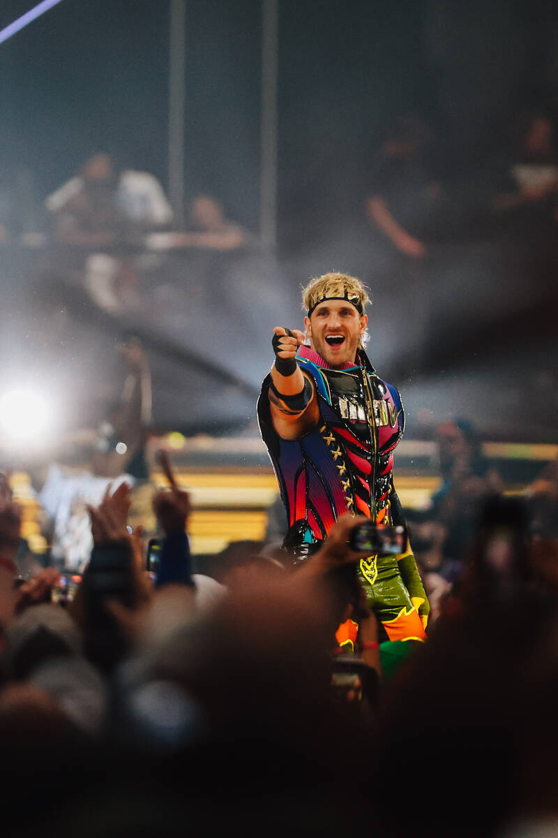 Logan Paul makes his entrance during WWE WrestleMania 41 at Allegiant Stadium Sunday, April 20, ...