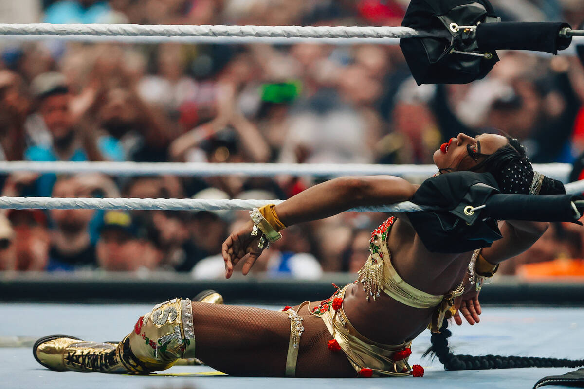 Bianca Belair falls to the mat during WWE WrestleMania 41 at Allegiant Stadium Sunday, April 20 ...