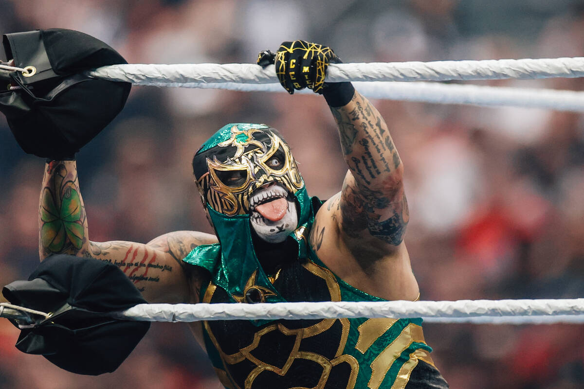 Pena sticks out his tongue during WWE WrestleMania 41 at Allegiant Stadium Sunday, April 20, 20 ...