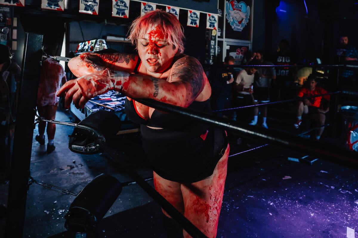 Mickie Knuckles’ takes a moment to breathe after finishing a death match hosted by RISE, ...