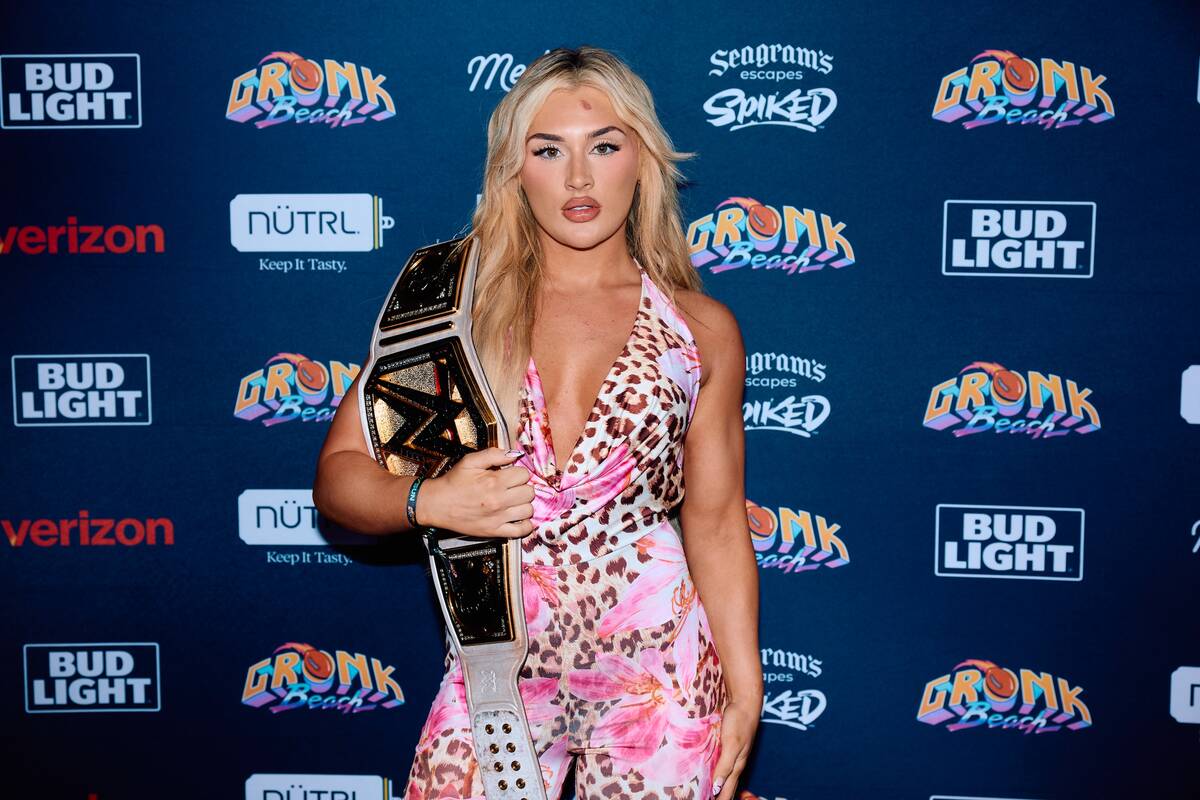 WWE champ Tiffany Stratton is shown on the red carpet at Gronk Beach during “WrestleMania ...