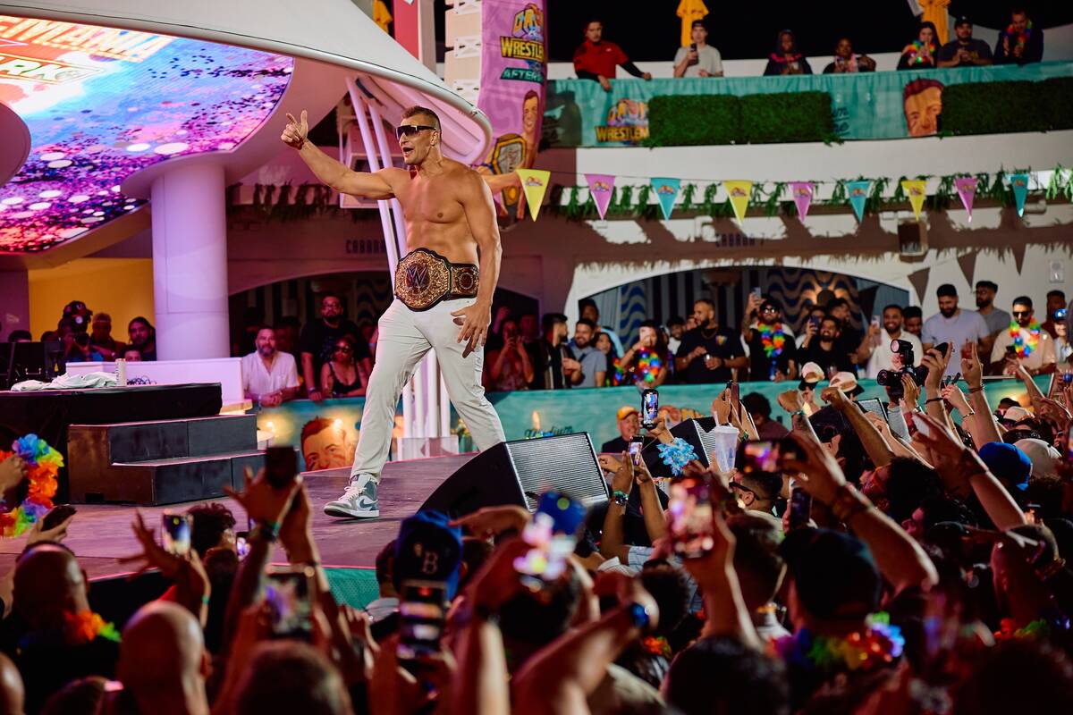 Rob Gronkowski is shown at Gronk Beach during “WrestleMania After Dark” at LIV Beac ...