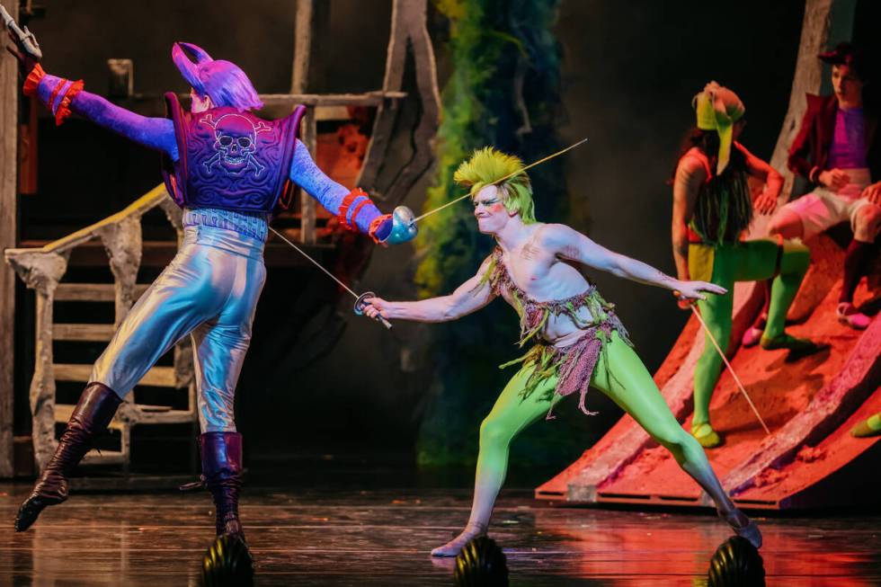 Captain Hook and Peter Pan battle during a dress rehearsal for “Peter Pan” at the ...