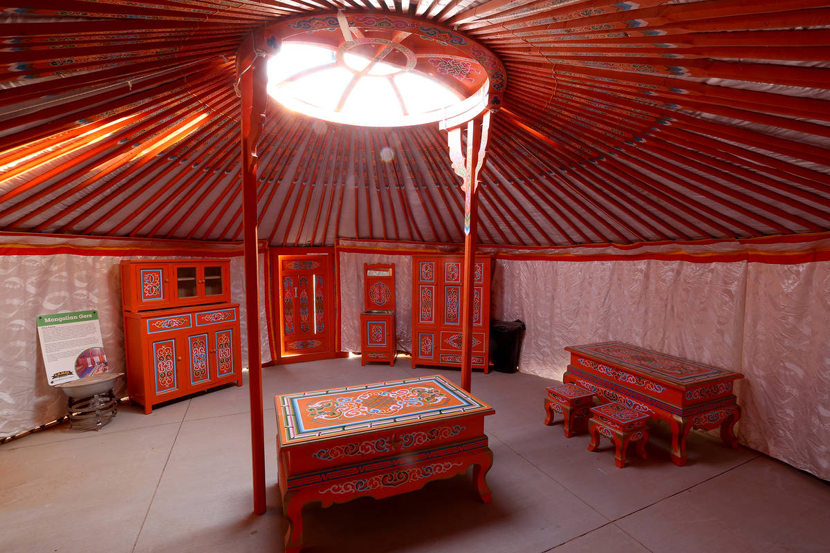 Each of the Mongolian gers are covered in fabric decorated with handcrafted artwork and include ...