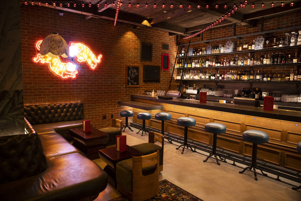 The interior of the Resorts World Las Vegas speakeasy Here Kitty Kitty Vice Den, in Las Vegas, ...