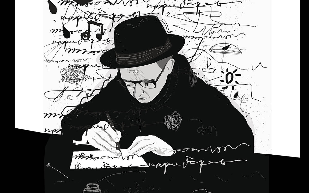 Symbolic image of a man who writes a letter with pen and ink