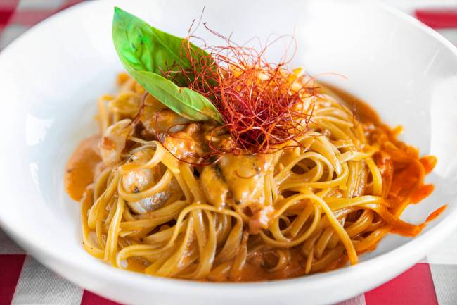 Linguini uni tomato cream sauce at Trattoria Nakamura-Ya. (Benjamin Hager/Las Vegas Review-Journal)