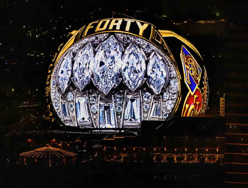 The San Francisco 49ers’ ring from Super Bowl XXIX is shown on the Exosphere. (L.E. Basko ...