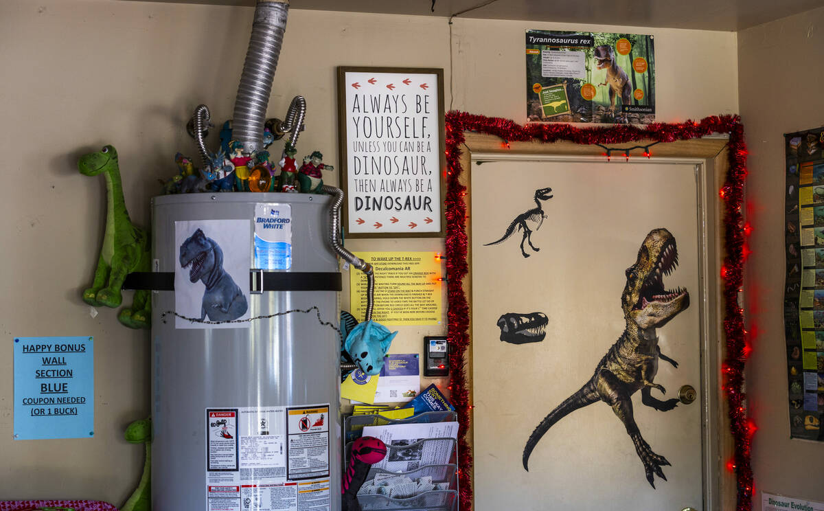 Some of the dinosaur memorabilia in the garage at the Shan-Gri-La Prehistoric Park aka Dinosaur ...
