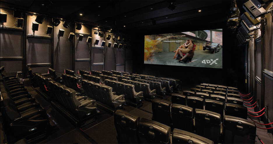 Seats in Regal Red Rock's 4DX movie theater come four to a pod and move as one as they pitch, r ...