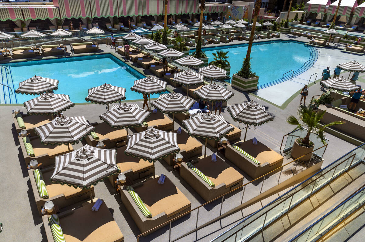 Lots of umbrellas and comfortable seating at the new Palm Tree Beach Club at the MGM Grand on F ...