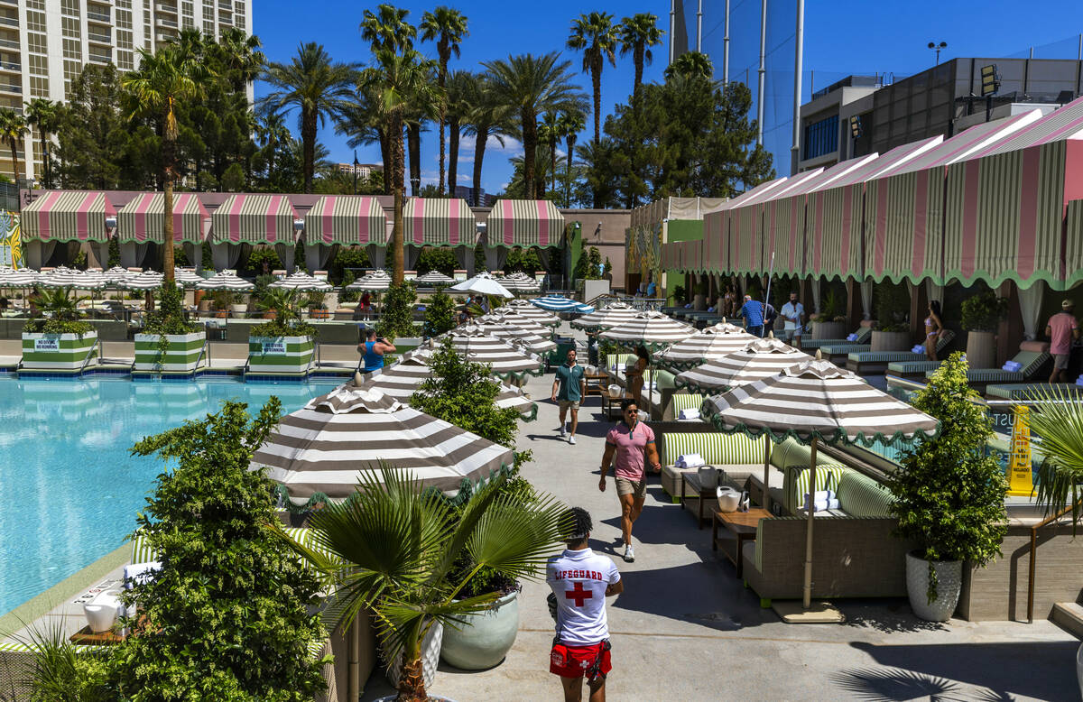 The staff ready for an expected first day crowd at the new Palm Tree Beach Club at the MGM Gran ...