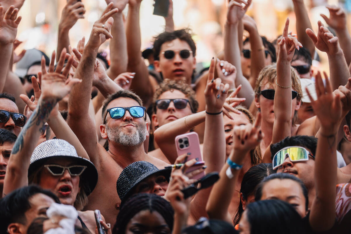 Partiers dance to Steve Aoki’s set at the Palm Tree Beach Club Saturday, May 10, 2025, i ...