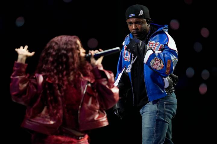 Kendrick Lamar and SZA perform during halftime of the during the NFL Super Bowl 59 football gam ...