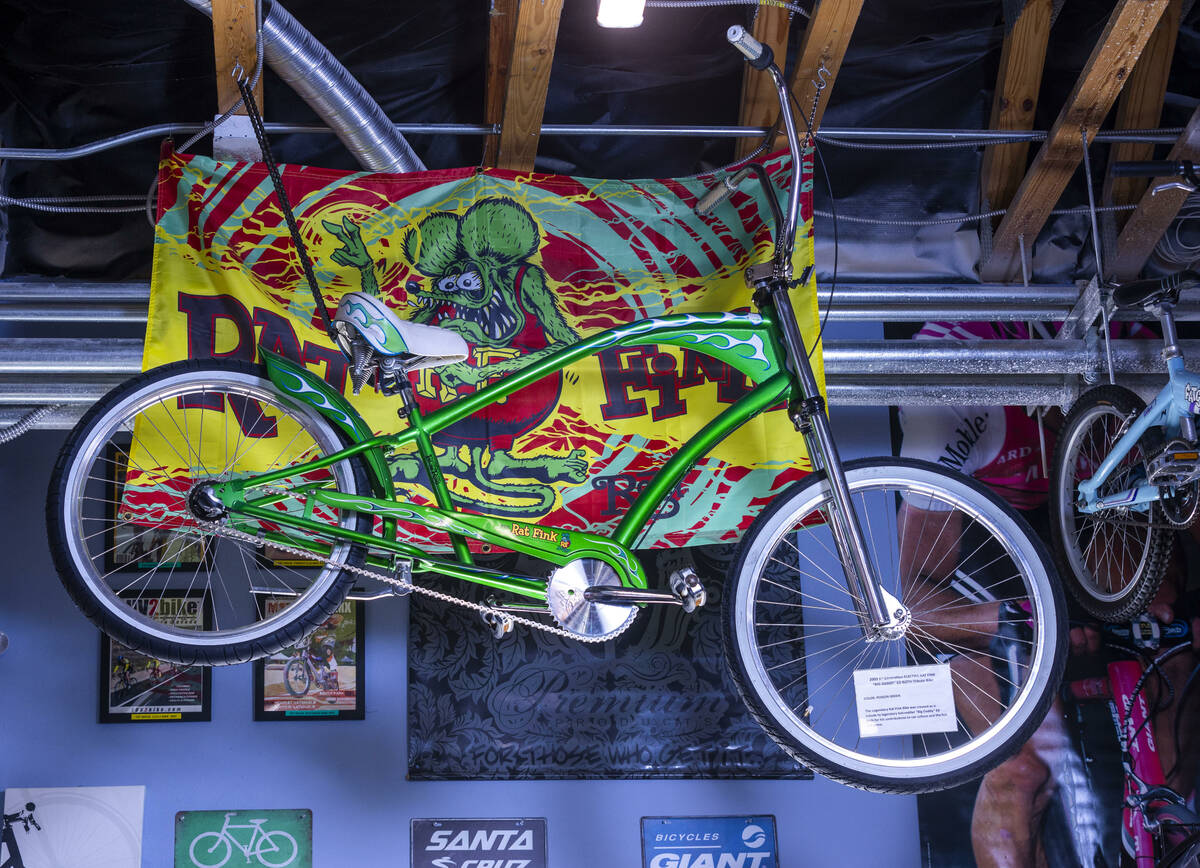 A 2003 1st generation ELECTRA RAT-FINK "Big Daddy" ED ROTH tribute bike hangs from th ...