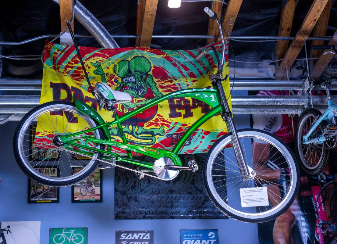 A 2003 1st generation ELECTRA RAT-FINK "Big Daddy" ED ROTH tribute bike hangs from th ...