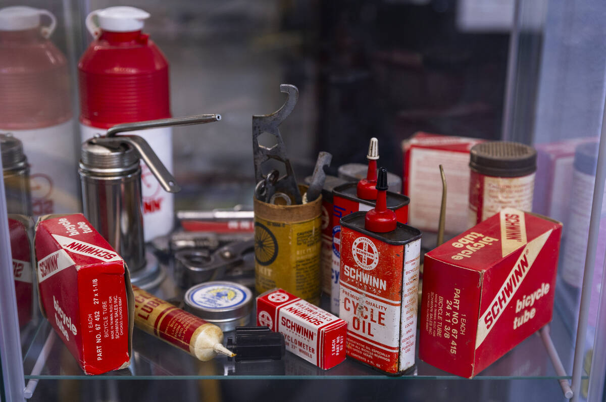 Vintage bicycle repair items to be viewed at the Vault Bicycle Shop which has a “Walk do ...