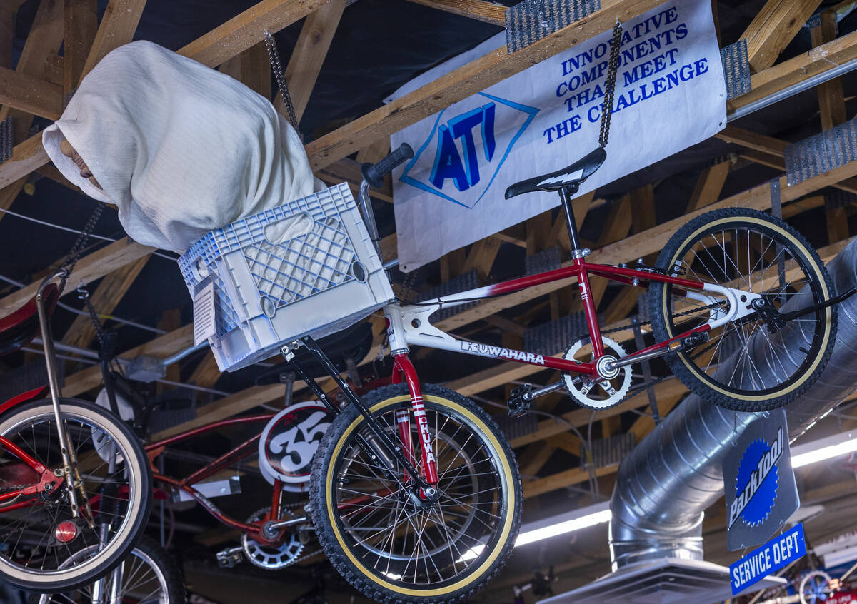 A1981 Kuwahara KZ-1 E.T. replica bike hangs from the rafters at the Vault Bicycle Shop which ha ...