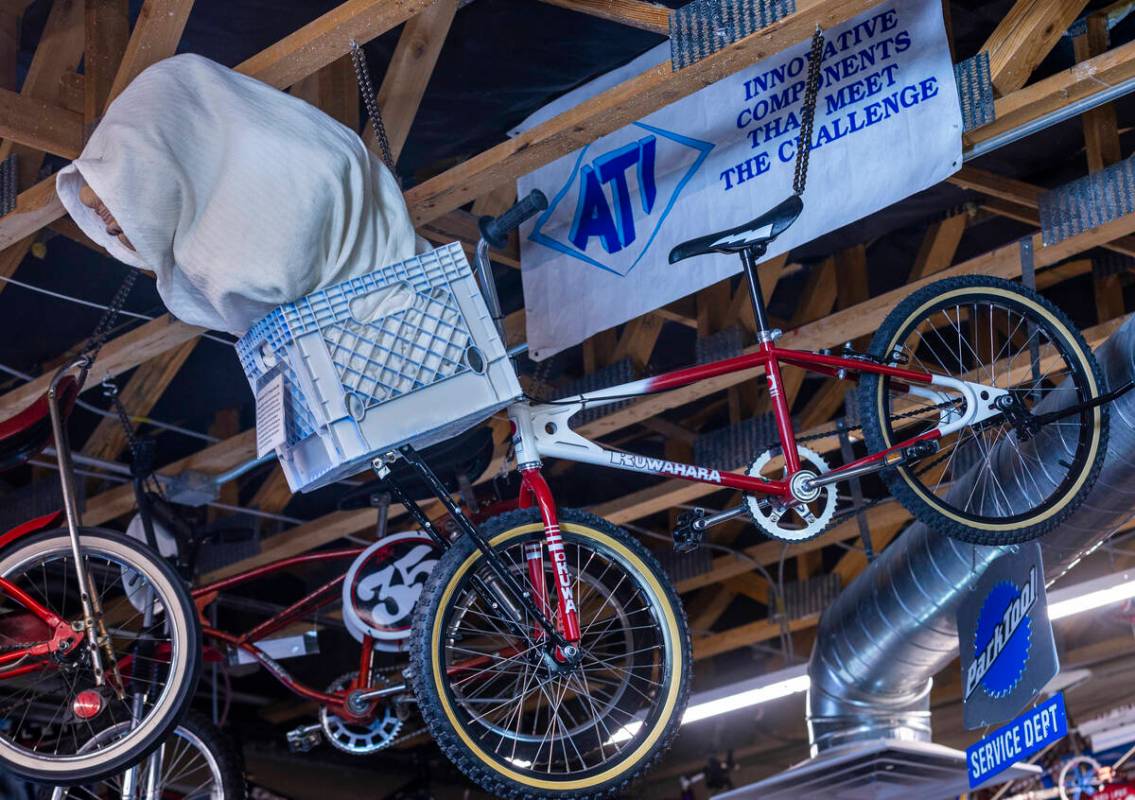 A1981 Kuwahara KZ-1 E.T. replica bike hangs from the rafters at the Vault Bicycle Shop which ha ...