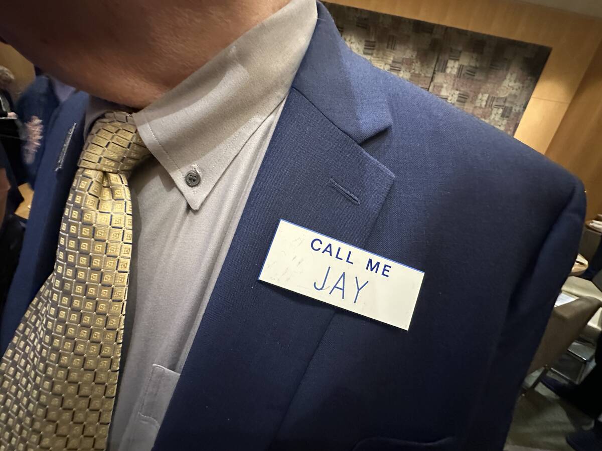 Jay Sarno Jr. shows his nametag from when he worked with his father, Jay Sarno, at age 13. Sarn ...