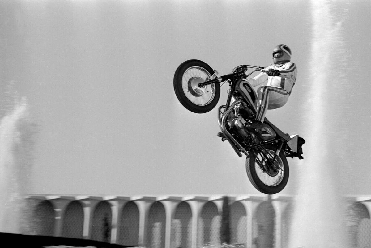 Evel Knievel jumping the fountains at Caesars Palace in 1967. (Las Vegas News Bureau)