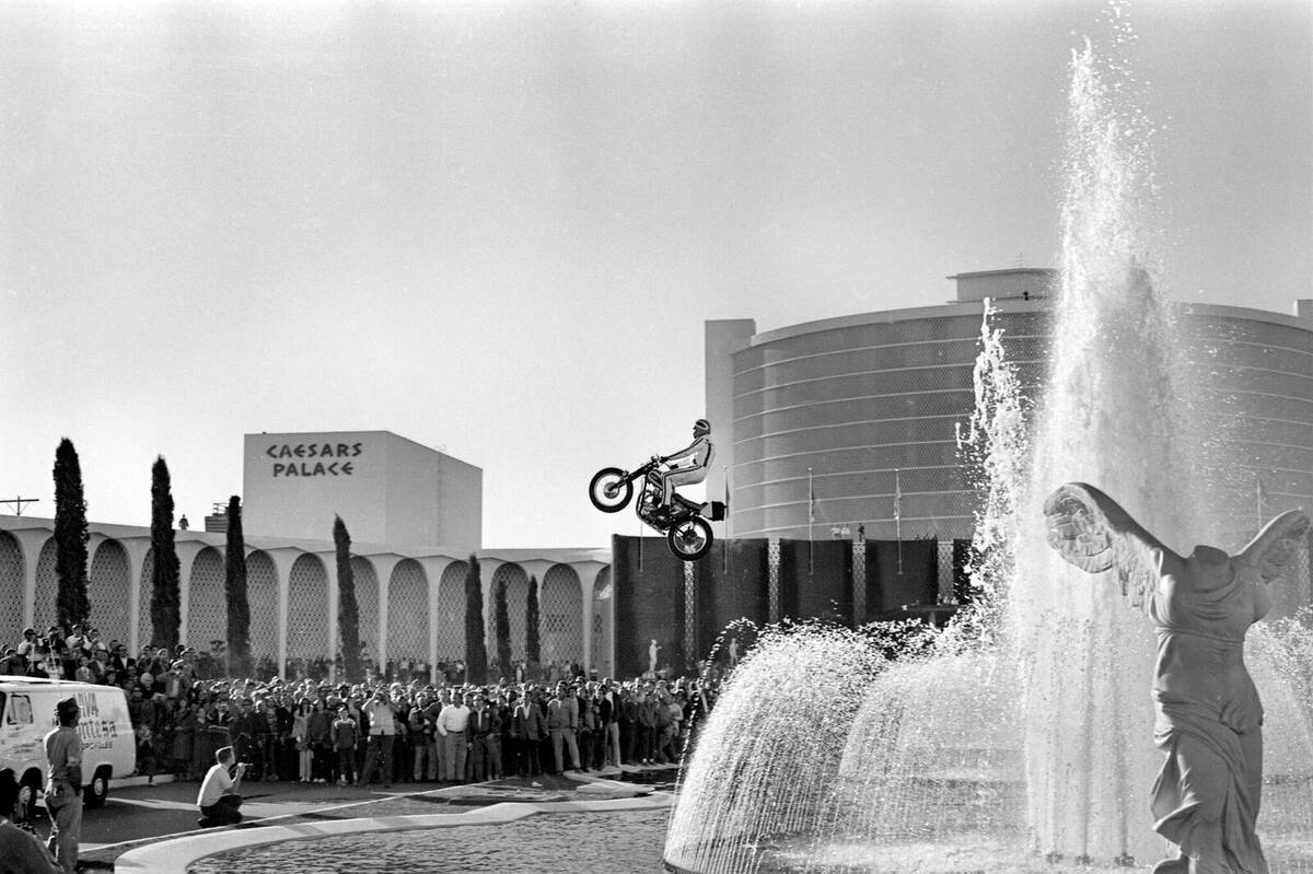 Evel Knievel jumping the fountains at Caesars Palace in 1967. (Las Vegas News Bureau)