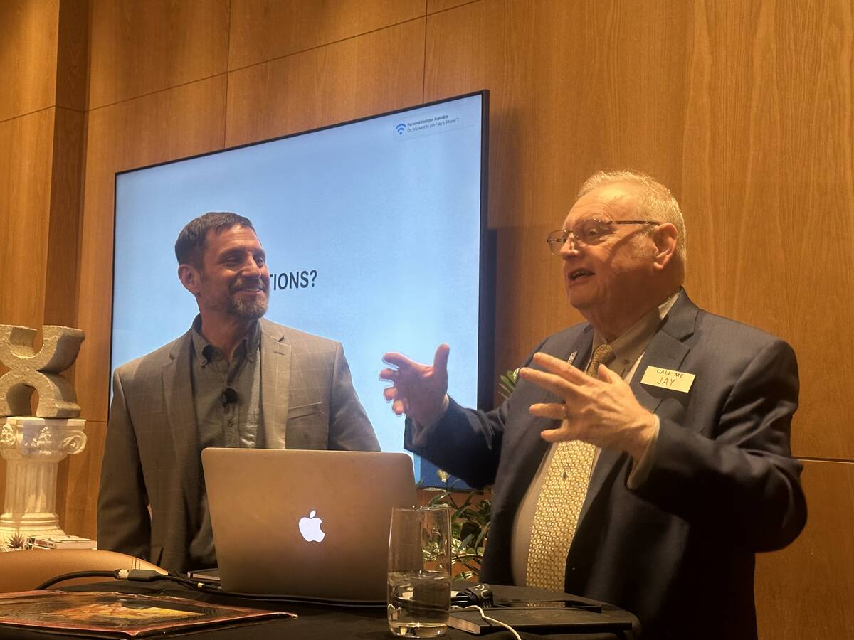 Author David Schwartz and Jay Sarno Jr. are shown at the private dining room of Caesars Palace& ...
