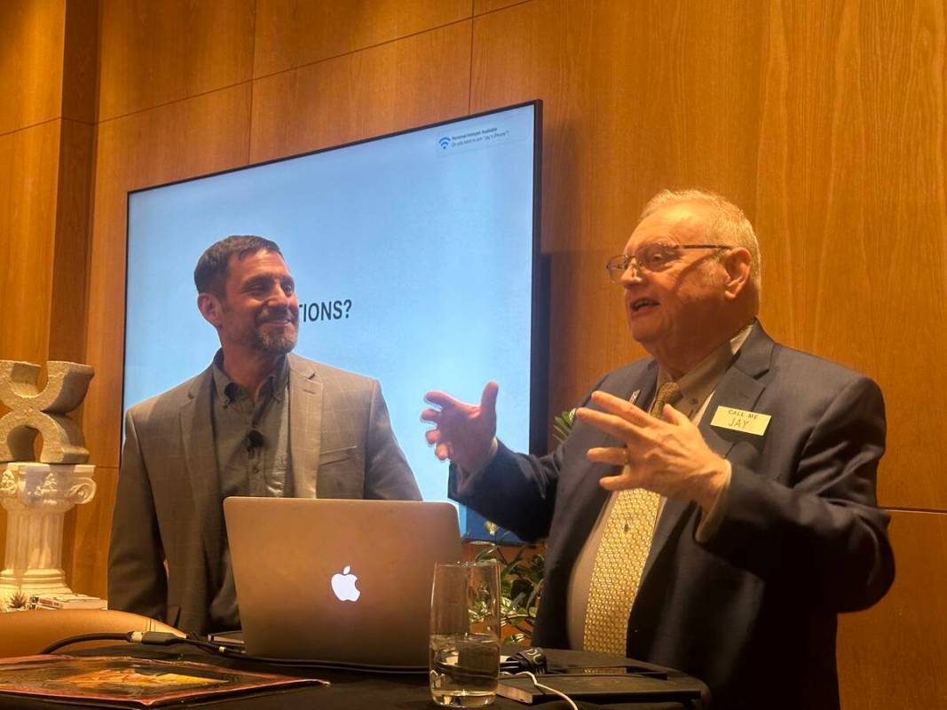 Author David Schwartz and Jay Sarno Jr. are shown at the private dining room of Caesars Palace& ...