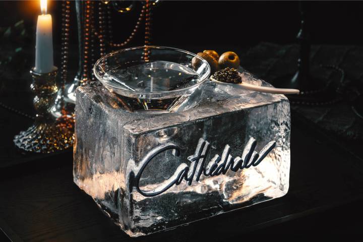 The Quaternary cocktail summons vodka, gin and caviar at Cathédrale restaurant in Aria on ...